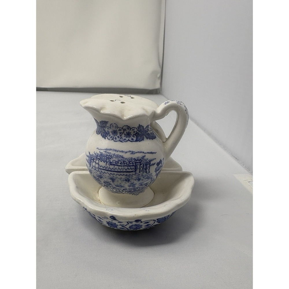 Vintage Blue White Salt & Pepper wash bowl Shakers Ironstone Transferware stacke